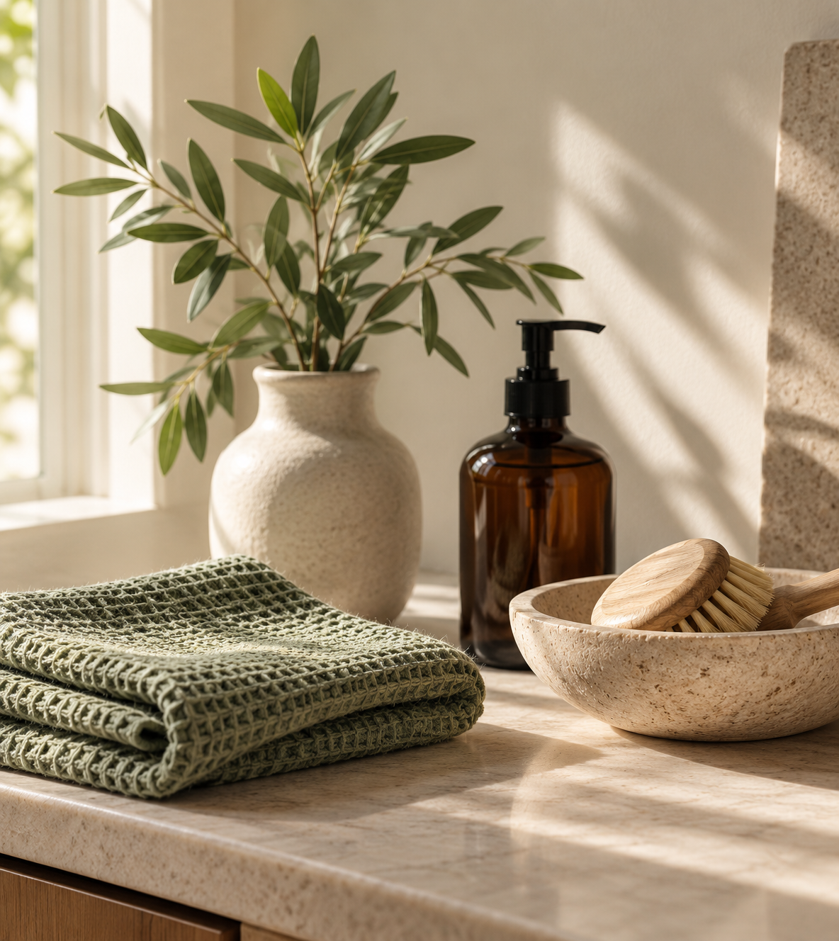 Morning light across a stone counter with a folded sage towel, a ceramic vase of leafy branches, an amber pump bottle and wooden brushes resting in a stone bowl