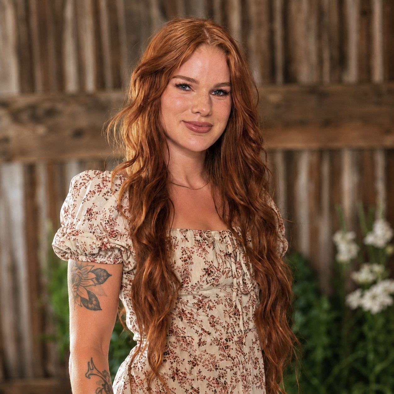 Payge, founder of Pure Living Cleaning Co., standing before weathered wood and soft garden greenery