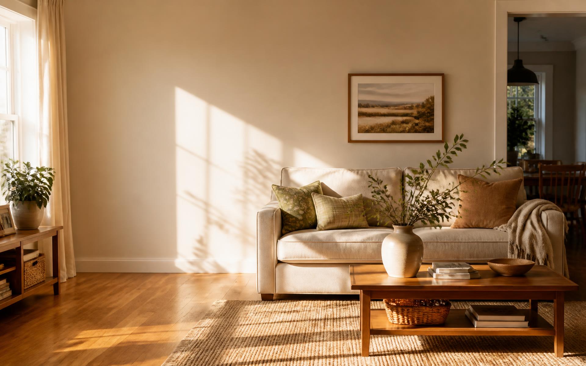 Sunlit living room in a Western New York home with linen sofa, wood floors and green branches in a ceramic vase